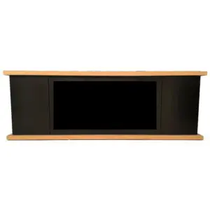 Black Wood Cabinet For Fireplace, Prepared For Electric Insert Sined Ispica 108, Finish Structure And Doors Black Wood Ral 9005 Top And Base Oak. Elegant And Versatile Design To Furnish Any Interior Environment.