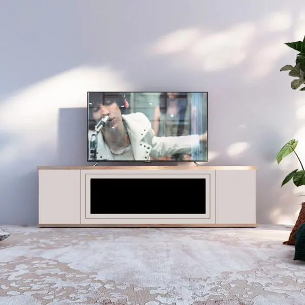 Light Gray Wood Fireplace Cabinet Prepared For Electric Insert Sined Amiata 180. Made Of Wood Frame And Doors Finish In Sian Grey, Top And Base In Oak. Design That Well Suits All Environments, Home, Office, Representation. - Image 3