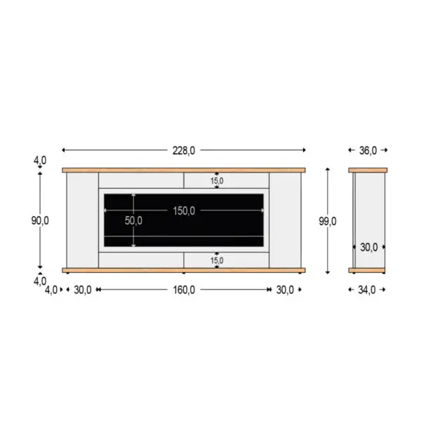 Cabinet With Electric Fireplace Desio, Frame And Doors In Sian Grey Top And Base Oak, Complete With Electric Burner Sined Vulture 150. Handcrafted Furniture Of High Quality, Durability And Design For Any Environment. With Remote Control. Light Gray - Image 2