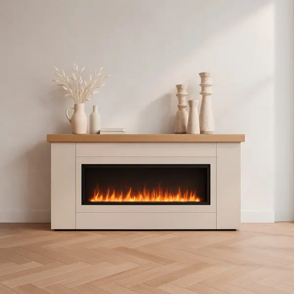 Desio Wooden Cabinet Complete With Electric Fireplace Sined Ispica 108. Elegant Quality Wooden Cabinet With Integrated Electric Fireplace. Heats And Decorates With Style. Remote Control Included For Total Comfort. Perfect For Any Environment. Pearl Gray. - Image 3