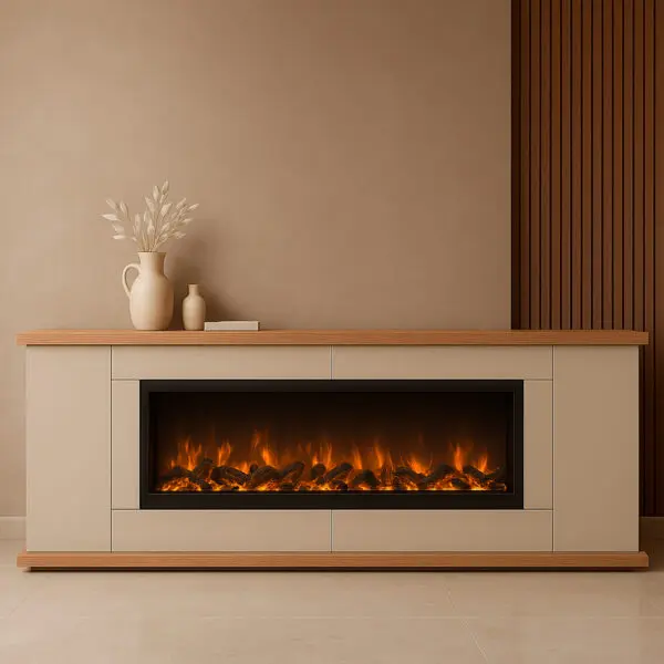 Cabinet With Electric Fireplace Desio, Frame And Doors In Sian Grey Top And Base Oak, Complete With Electric Burner Sined Vulture 150. Handcrafted Furniture Of High Quality, Durability And Design For Any Environment. With Remote Control. Light Gray - Image 3