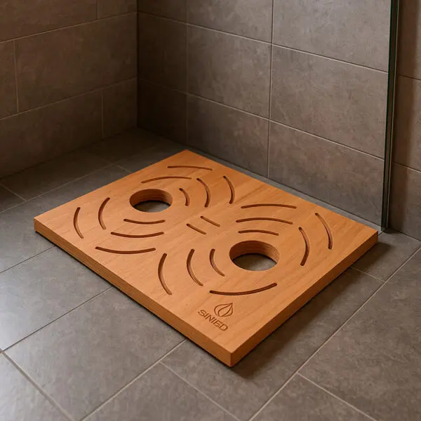 Two-level Rectangular Footboard Made Of Genuine Okume Marine Plywood, Strong And Durable, With Provision To Install Two Sined Stainless Steel Showers Complete With C-box For Perfect Integration. Outdoor Shower Tray Made In Italy. - Image 9