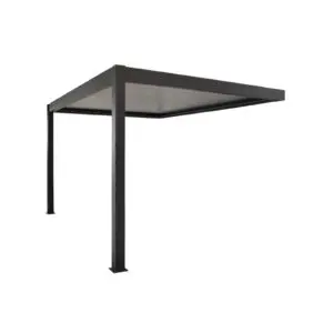 Elegant and durable bioclimatic wall-mounted pergola DORA 3x4, crafted entirely from high-quality aluminum, featuring adjustable slats, integrated water drainage, and a motorized LED system for optimal sun protection and natural ventilation.