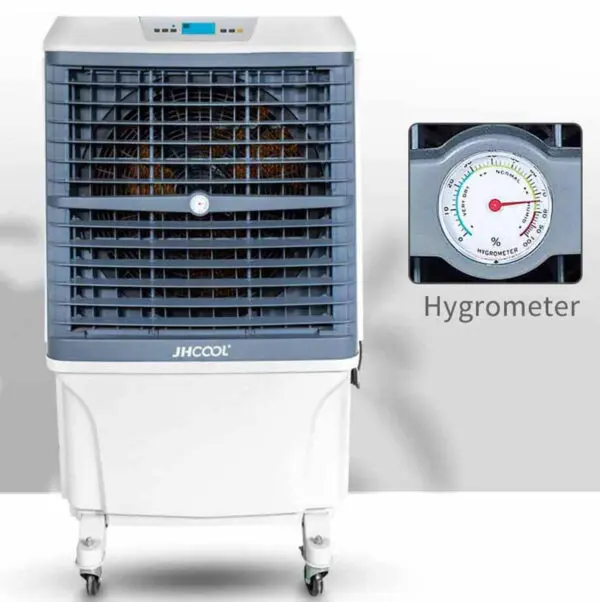Mobile Industrial Evaporative Cooler On Wheels 8000 Cubic Meters Hour Air Treatment With Remote Control Ionizer Hygrometer 57 Liter Tank Air Conditioner For Outdoor And Large Areas From 50-70 Square Meters Axial Aluminum Fan