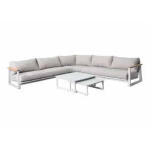 Experience the perfect blend of elegance and durability with the bra corner garden sofa set, featuring a sturdy aluminum structure, FSC® teak armrests, water-repellent removable cushions, and matching tables, designed for both indoor and outdoor.