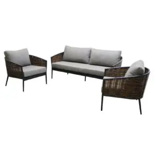 Elevate your outdoor experience with the asti wicker sofa set, featuring a robust aluminum frame coated in epoxy paint for supreme durability, elegant round synthetic resin accents, and plush, removable cushions that combine comfort with stylish.