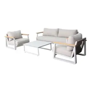 Discover the perfect blend of elegance and durability with the BRA garden lounge set, featuring a modular 3-seater sofa, two stylish armchairs, a corner element, and a low table, all crafted with an aluminum frame, FSC® teak armrests, and water-repellent.