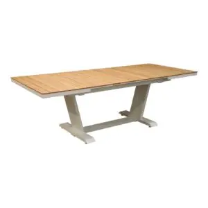 The elegant and durable sined garden table extends from 180 to 240 cm, featuring a powder-coated aluminum frame and a stunning FSC® teak slatted top, providing a stylish and practical solution for outdoor gatherings with space for 8-10 people.