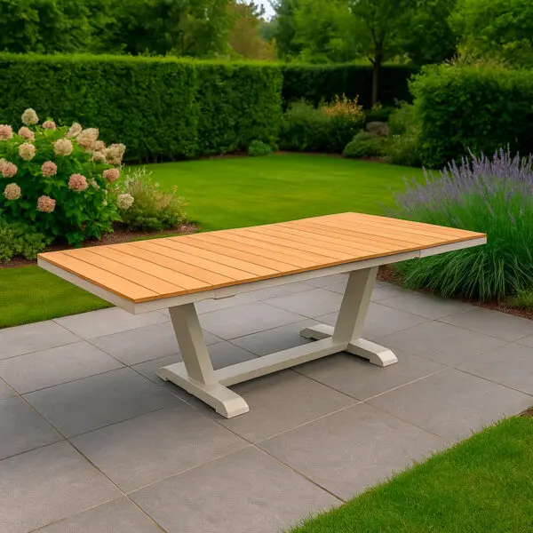 The elegant and durable sined garden table extends from 180 to 240 cm, featuring a powder-coated aluminum frame and a stunning FSC® teak slatted top, providing a stylish and practical solution for outdoor gatherings with space for 8-10 people. - Image 4