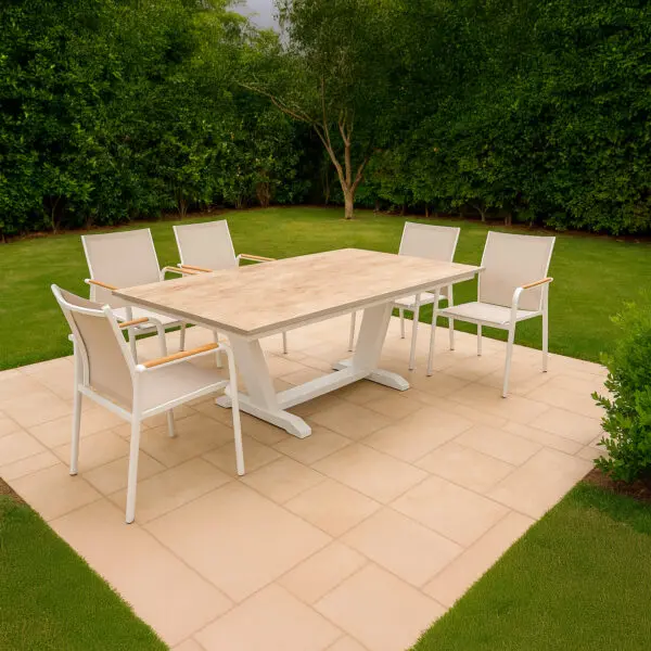 Elegance meets durability in the praline extendable garden table, measuring 180-280 cm. Crafted from powder-coated aluminum and topped with premium Kedra ceramic, it effortlessly accommodates 10-12 guests, making every outdoor gathering a stylish affair. - Image 2