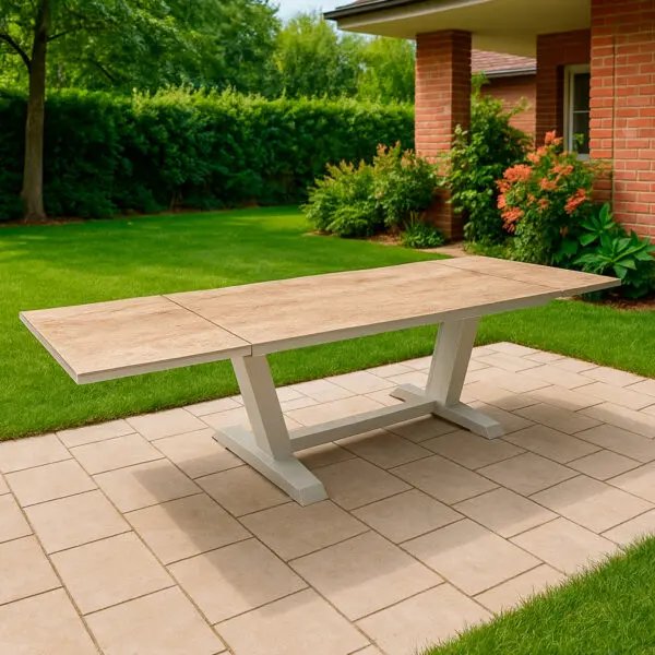 Elegance meets durability in the praline extendable garden table, measuring 180-280 cm. Crafted from powder-coated aluminum and topped with premium Kedra ceramic, it effortlessly accommodates 10-12 guests, making every outdoor gathering a stylish affair. - Image 3