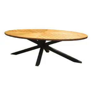 Introducing the superga oval garden table: a perfect blend of elegance and durability, featuring a sturdy aluminum frame and FSC® certified teak slats, designed to enhance your outdoor gatherings with its modern aesthetic and natural materials.