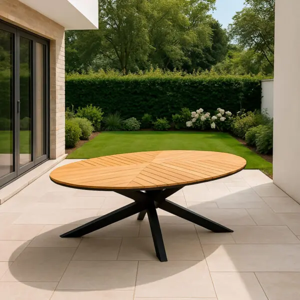 Introducing the superga oval garden table: a perfect blend of elegance and durability, featuring a sturdy aluminum frame and FSC® certified teak slats, designed to enhance your outdoor gatherings with its modern aesthetic and natural materials. - Image 2