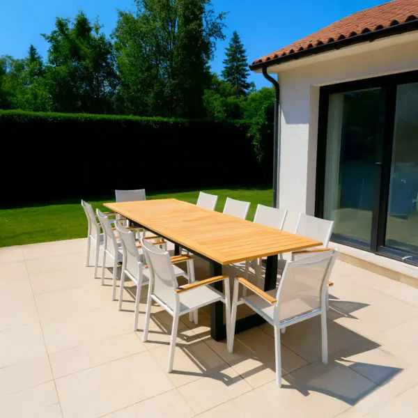 Discover the elegant and sustainable superga rectangular garden table, extendable from 180 to 260 cm, crafted with FSC® certified teak slats and a durable powder-coated aluminum frame, accommodating up to 10 people for stylish outdoor gatherings. - Image 2
