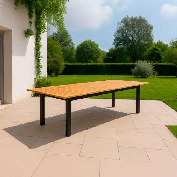 Discover the elegant and sustainable superga rectangular garden table, extendable from 180 to 260 cm, crafted with FSC® certified teak slats and a durable powder-coated aluminum frame, accommodating up to 10 people for stylish outdoor gatherings. - Image 3