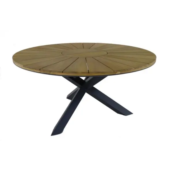 Elevate your outdoor gatherings with the superga round garden table, featuring a luxurious FSC® teak slatted top and a resilient powder-coated aluminum frame, designed to accommodate up to 8 people with elegance and durability for lasting enjoyment.