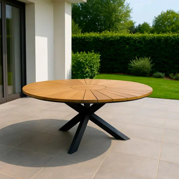Elevate your outdoor gatherings with the superga round garden table, featuring a luxurious FSC® teak slatted top and a resilient powder-coated aluminum frame, designed to accommodate up to 8 people with elegance and durability for lasting enjoyment. - Image 2