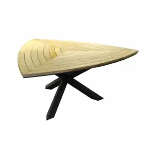 Elegantly crafted triangular garden table Sined Superga, featuring a durable FSC® certified teak top and a sturdy aluminum base, combines style and functionality, comfortably accommodating up to six people while enhancing any outdoor or indoor space with