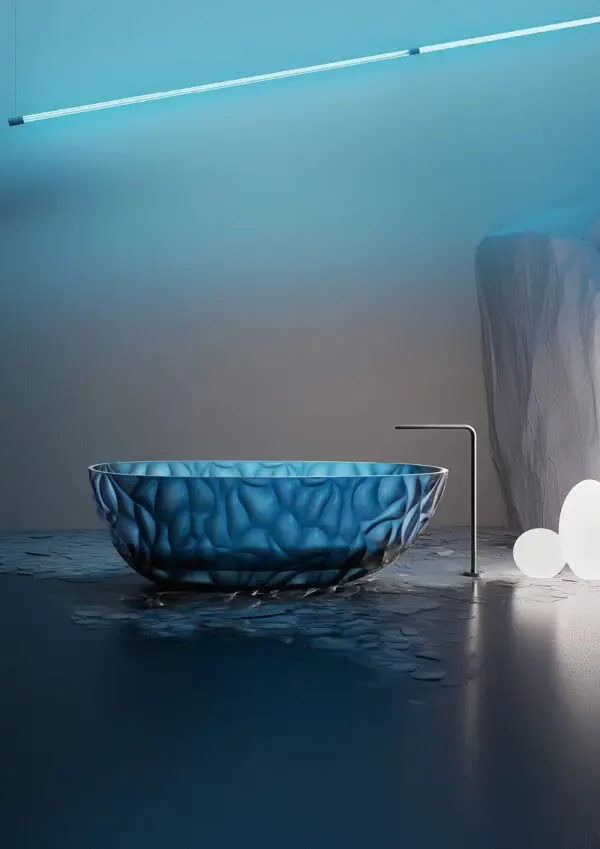 Discover the elegance of the Sined Zefiro Blue Transparent Bathtub - crafted from high-performance Seiko Hydroaluminite composite, ensuring a warm touch and long-lasting heat retention. Perfect for modern homes or professional spaces, it’s the premium inv - Image 2