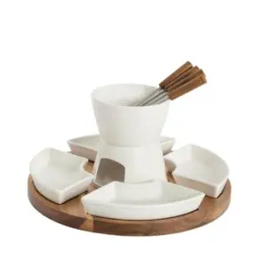 Porcelain Fondue Set on Acacia – Luxury Classic 6 persons