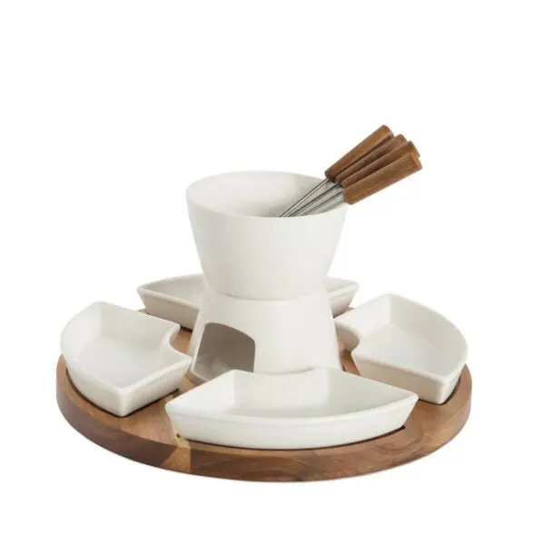 Porcelain Fondue Set on Acacia – Luxury Classic 6 persons