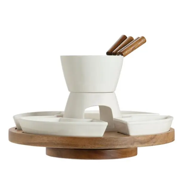 Porcelain Fondue Set on Acacia – Luxury Classic 6 persons - Image 2