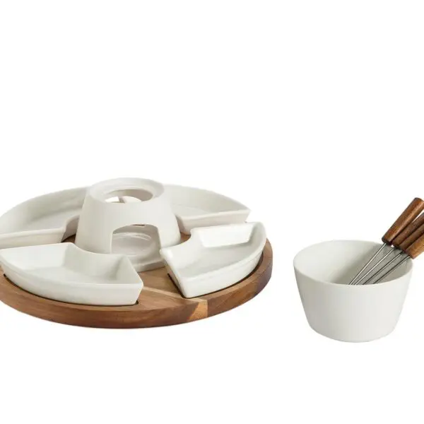 Porcelain Fondue Set on Acacia – Luxury Classic 6 persons - Image 3