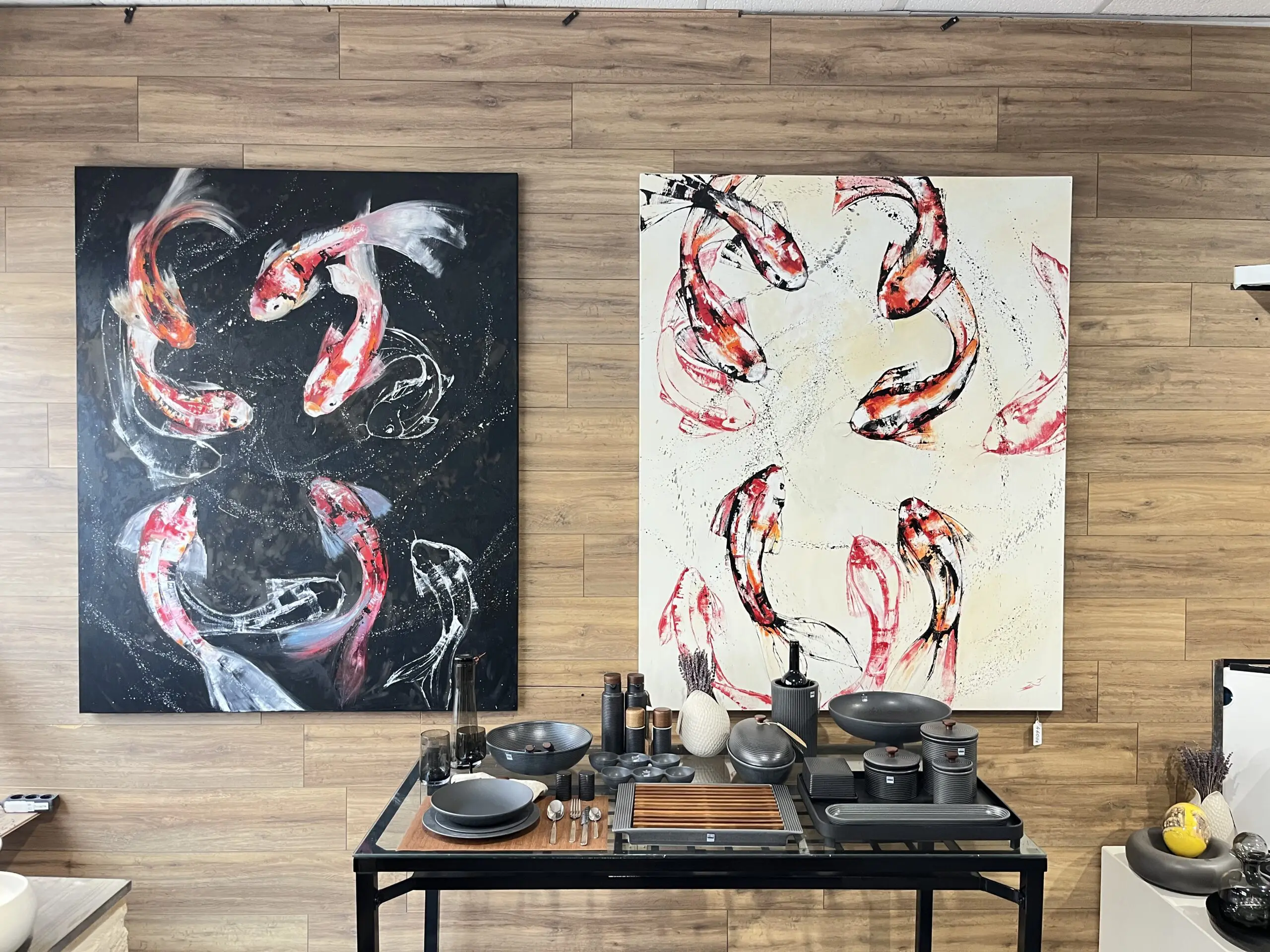 Ten Paths of Prosperity oil painting by Margo Murashko featuring ten black koi carps